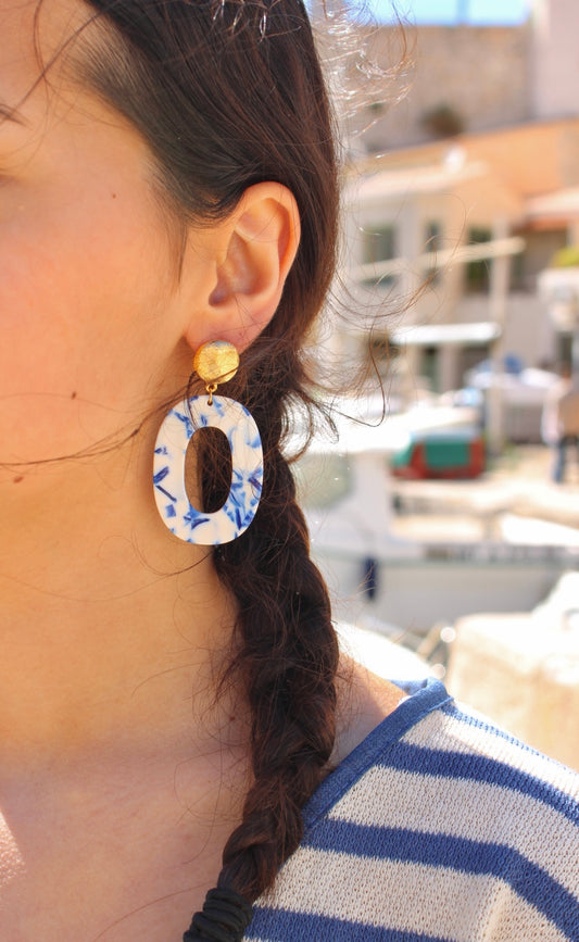 Boucles d'oreilles ACE - Ovale bleue & blanche