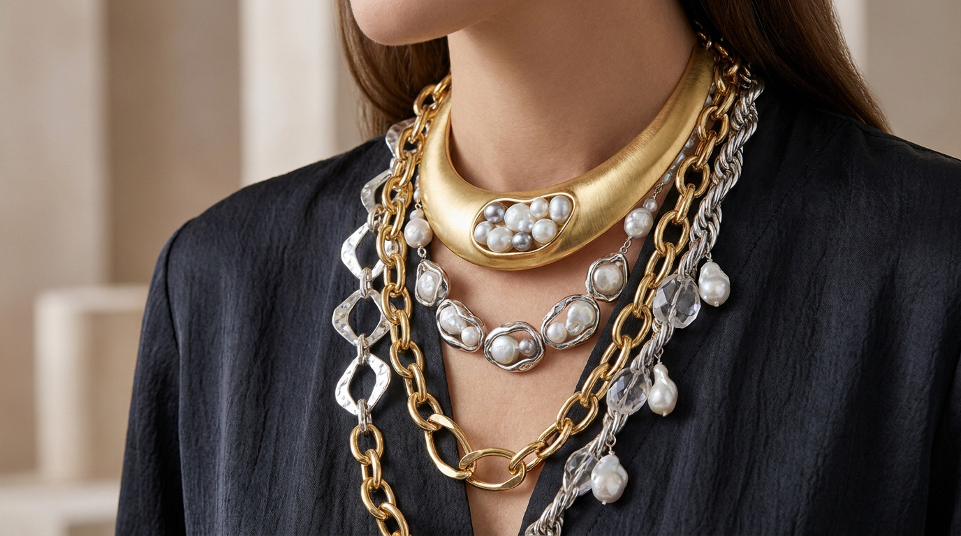 Femme portant un empilement de colliers maximalistes en or, argent et perles sur une chemise noire.