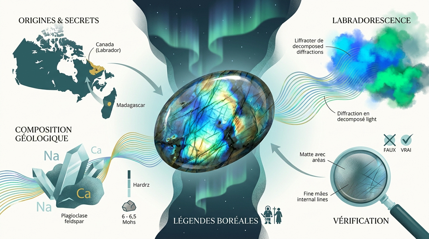 Pierre de labradorite brute montrant des reflets bleus et verts intenses