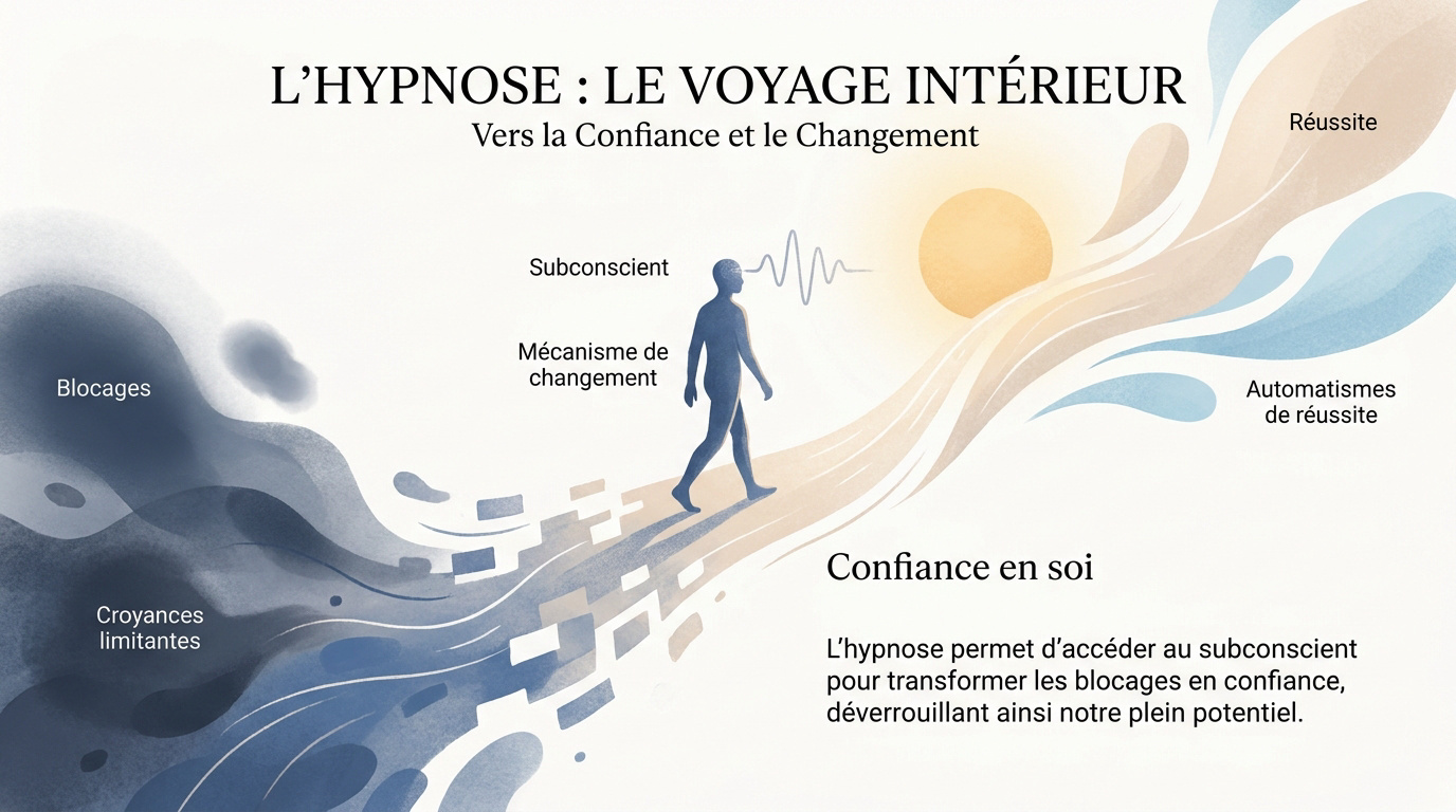 Femme sereine visualisant son changement intérieur par l'hypnose