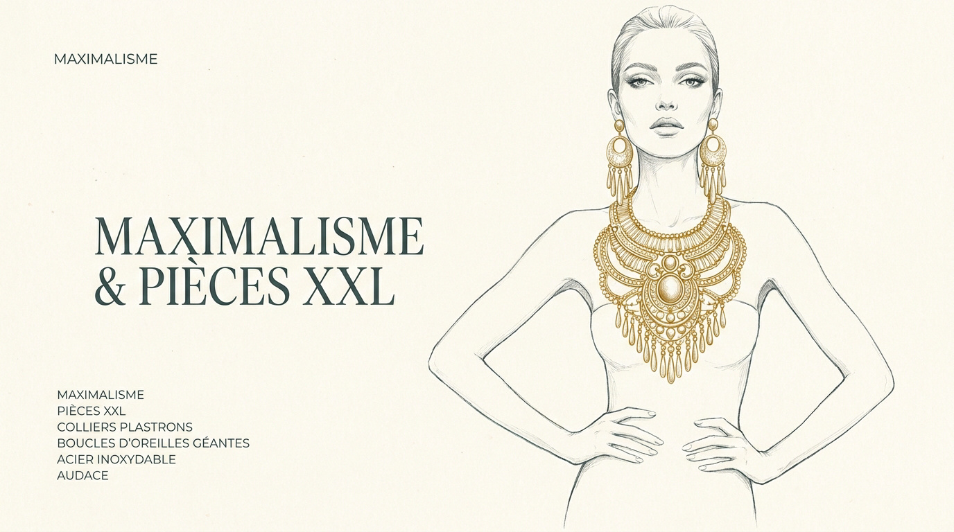 Femme portant des bijoux tendance 2025 de style maximaliste avec un collier imposant