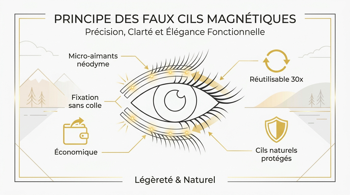 Schéma explicatif du système de clipsage des faux cils magnétiques en sandwich