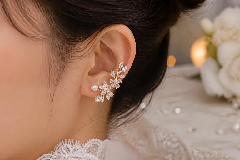 Boucle doreille de mariage ornee de diamants et perles
