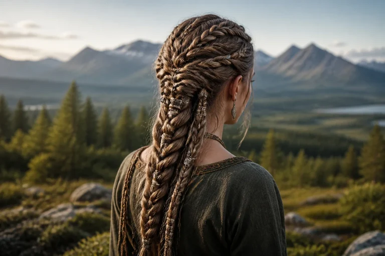Coiffure viking dans un paysage nordique