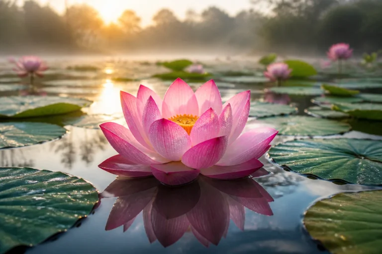 Lotus rose en pleine floraison au lever du soleil