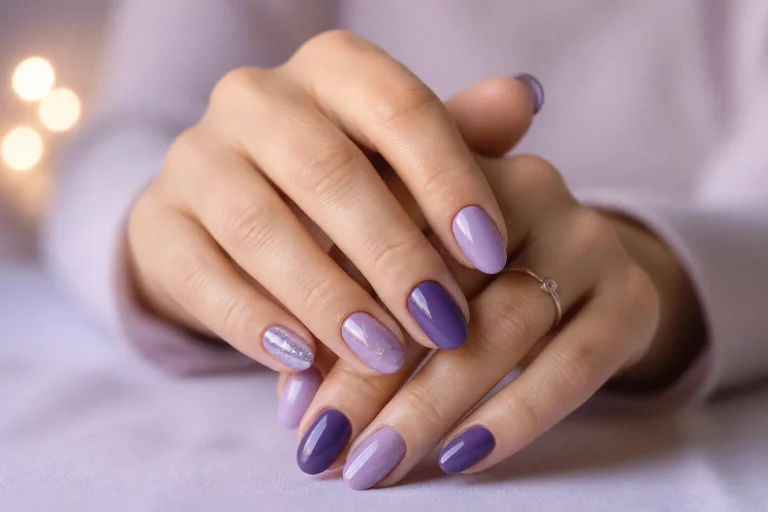 Mains elegantes aux ongles violets