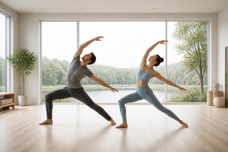 Couple pratiquant le yoga dans un studio lumineux