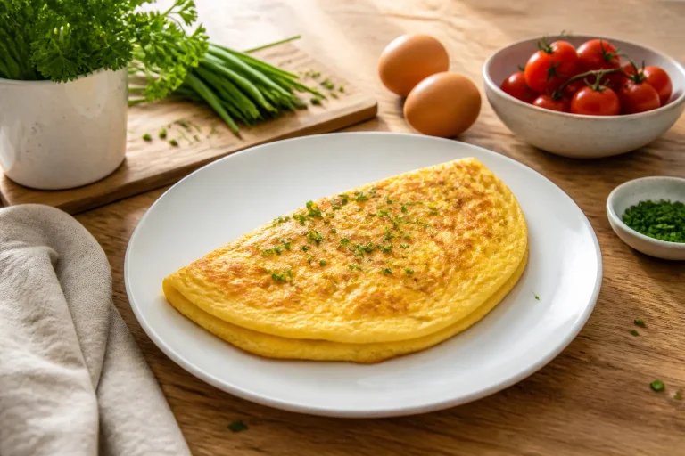 Omelette doree et fraiche sur assiette blanche