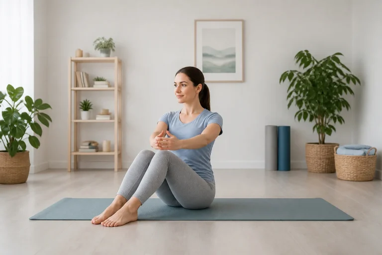Femme pratiquant le yoga dans un studio lumineux