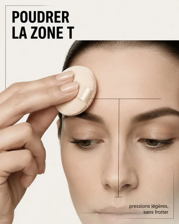 Houpette maquillage appliquée par petites pressions sur la zone T du visage