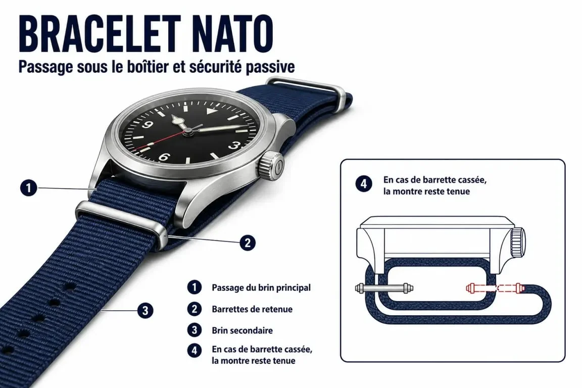 Bracelet nato illustré autour d'une montre avec sa construction monobloc sous le boîtier