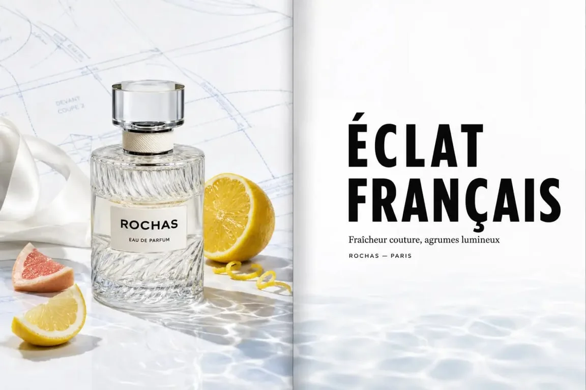 Rochas parfum : flacon Eau de Rochas, agrumes et ambiance fraîche en visuel éditorial