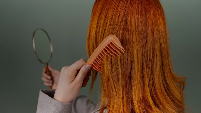 Femme peignant ses longs cheveux roux avec un peigne à dents larges