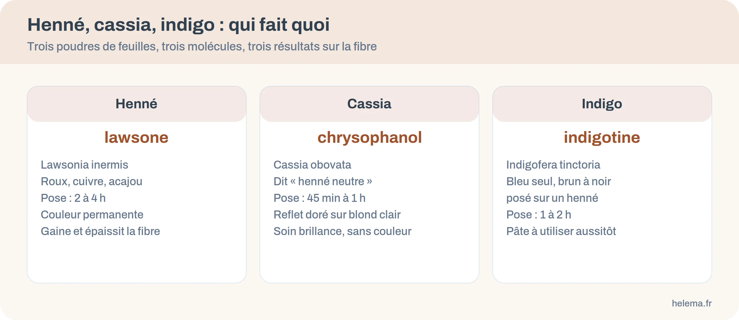 Comparatif henné, cassia et indigo : molécule, couleur obtenue et temps de pose