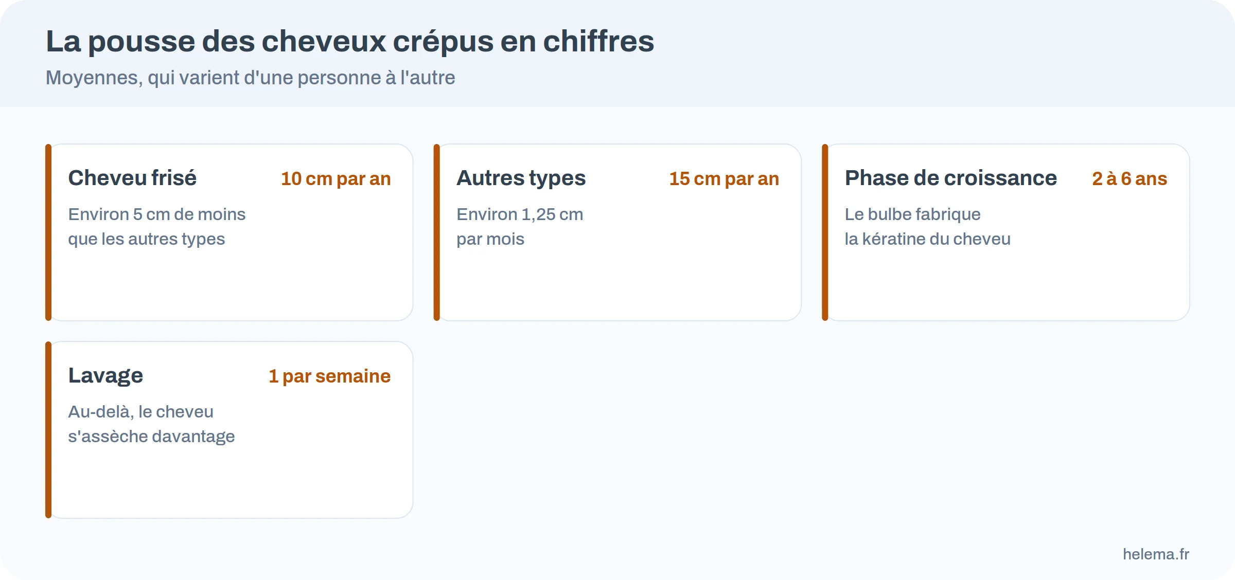 Infographie : un cheveu frisé pousse de 10 cm par an en moyenne, les autres types de 15 cm, avec une phase de croissance de 2 à 6 ans